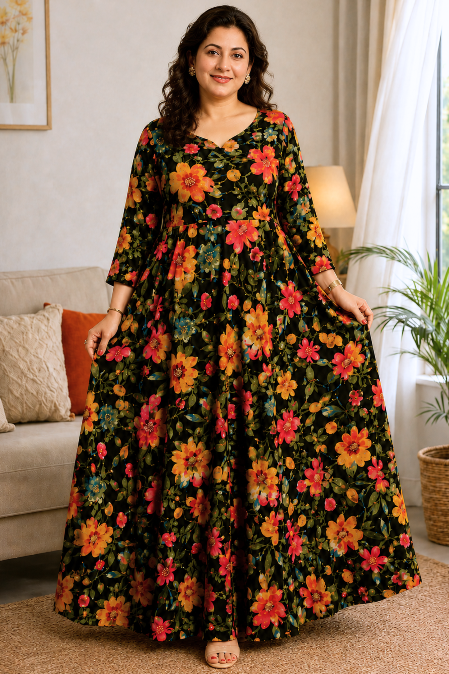 Midnight Fleur Foiled Rayon Dress With Pockets