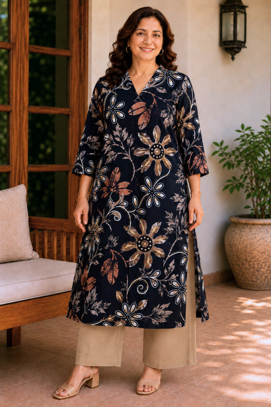 Noir Botanica Foiled Linen A-line Kurta