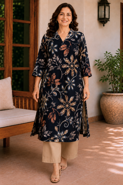 Noir Botanica Foiled Linen A-line Kurta