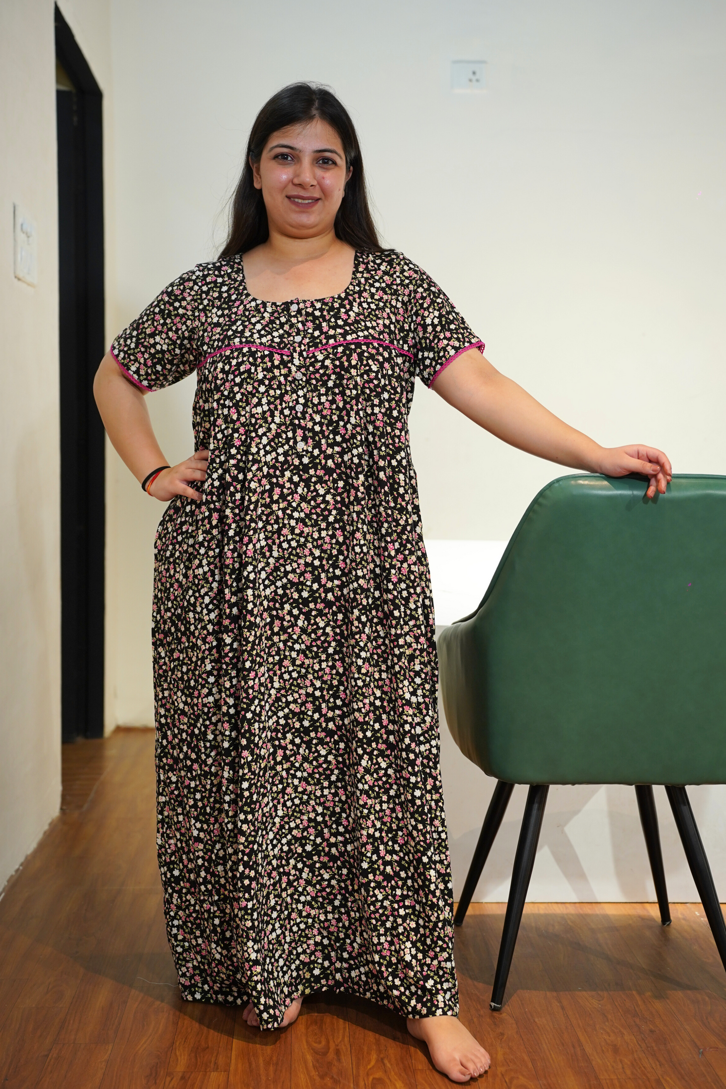 Peachy Black Rayon Night Gown