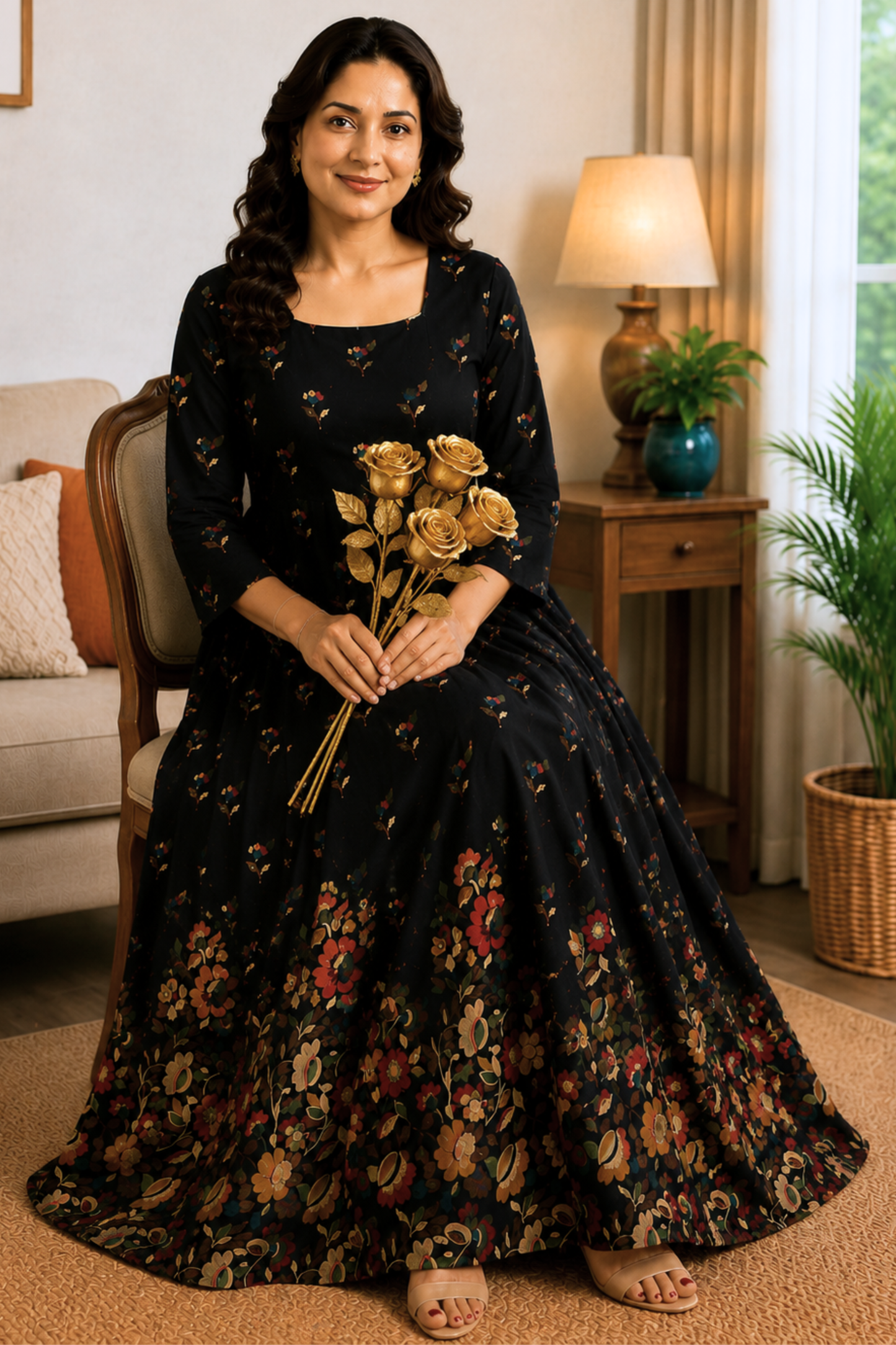 Noir Tapestry Floral Rayon Dress With Pockets