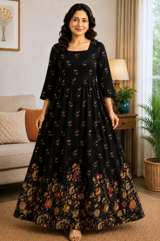 Noir Tapestry Floral Rayon Dress With Pockets