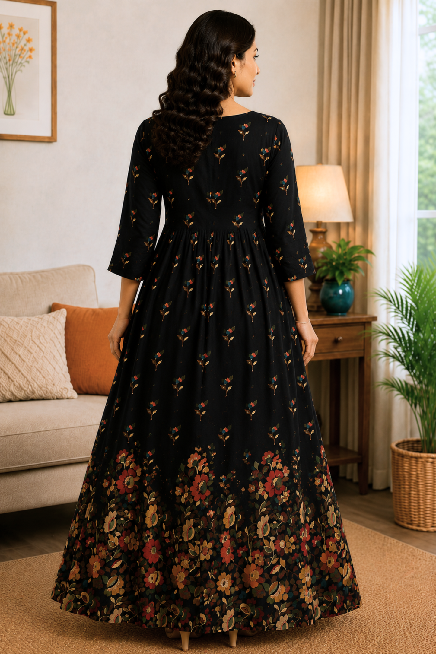 Noir Tapestry Floral Rayon Dress With Pockets