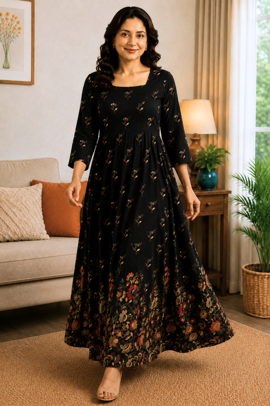 Noir Tapestry Floral Rayon Dress With Pockets