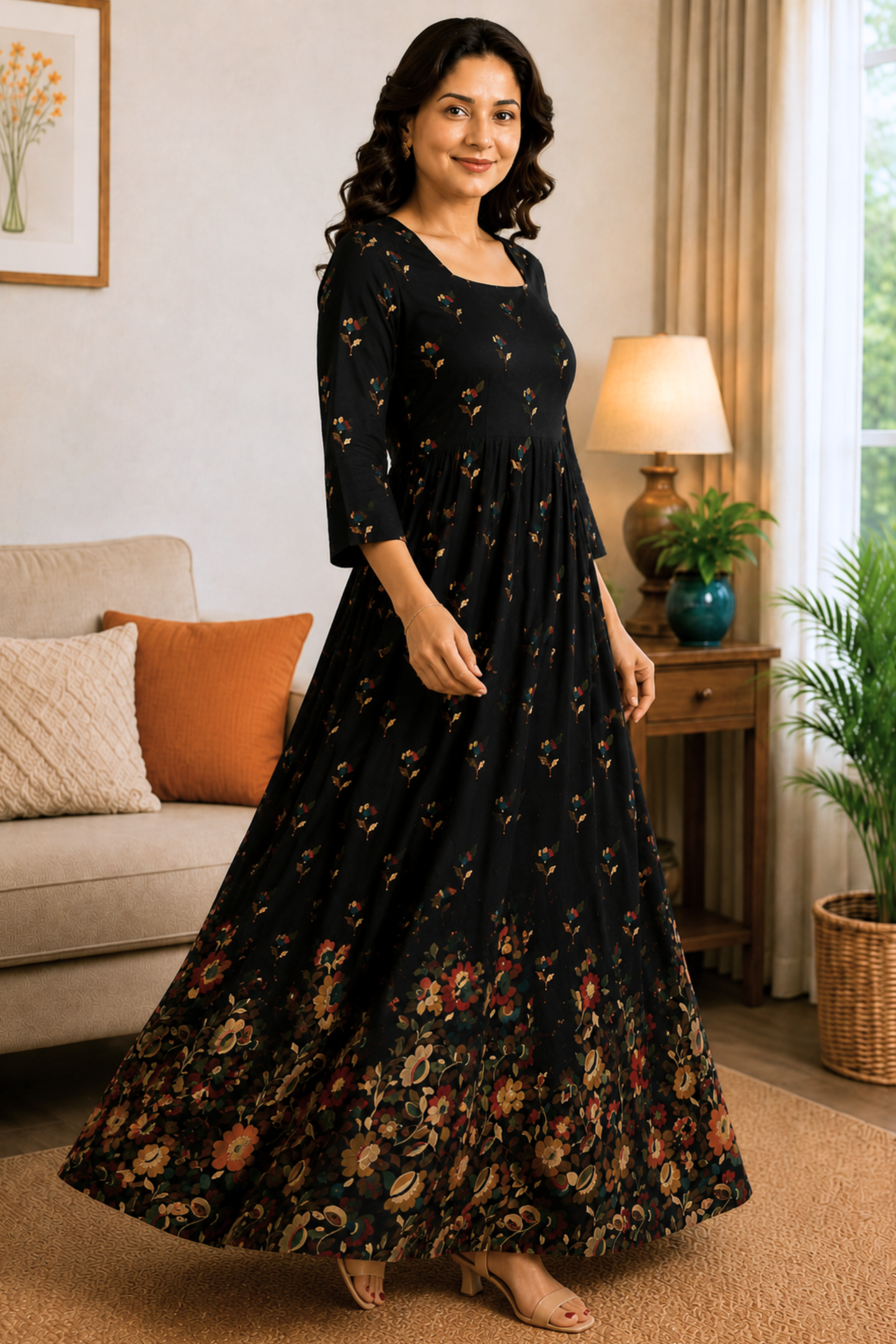Noir Tapestry Floral Rayon Dress With Pockets