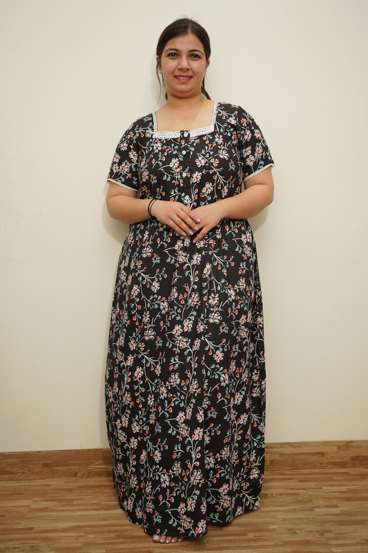 Black Floral Rayon Night Gown