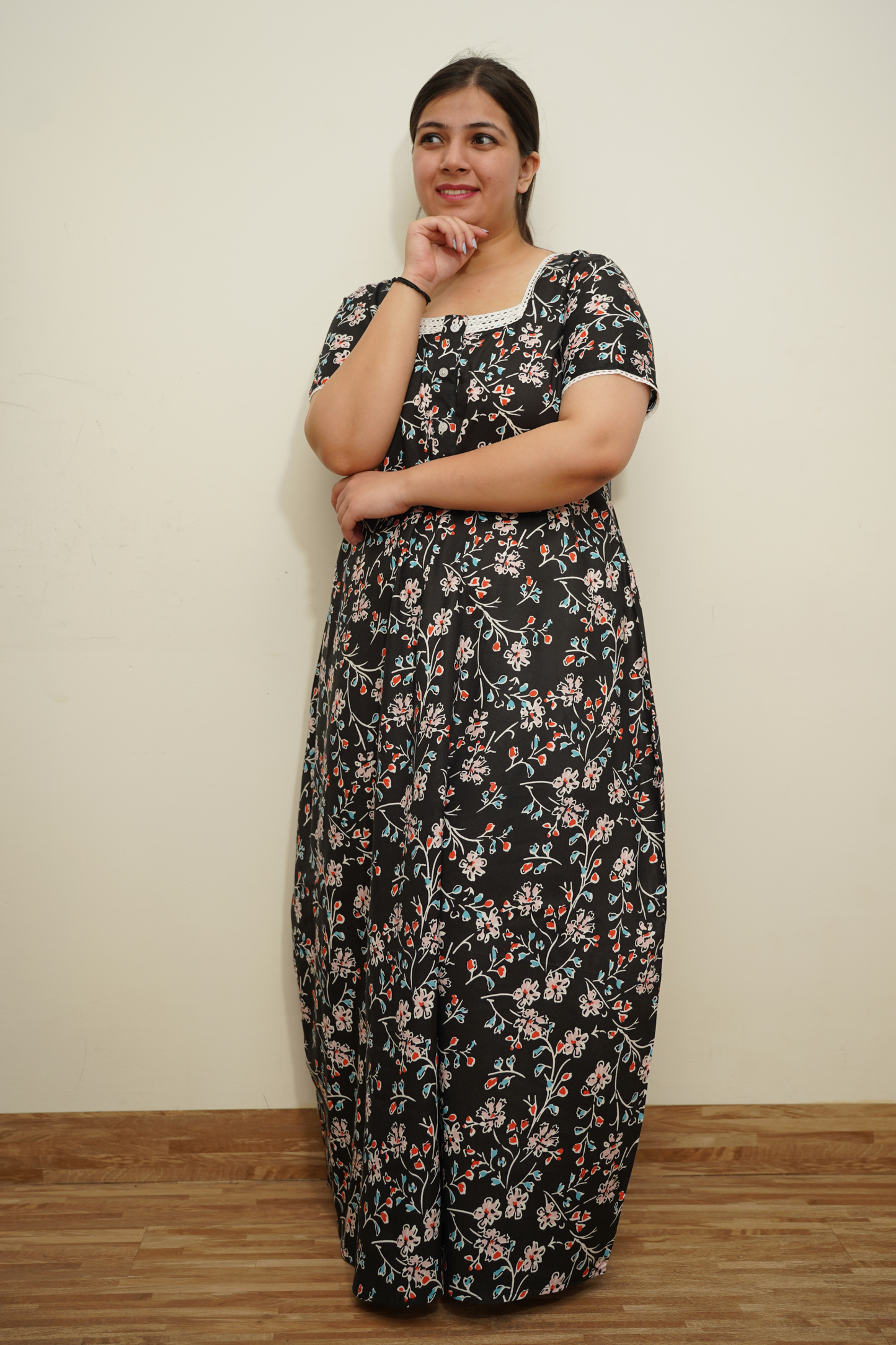 Black Floral Rayon Night Gown