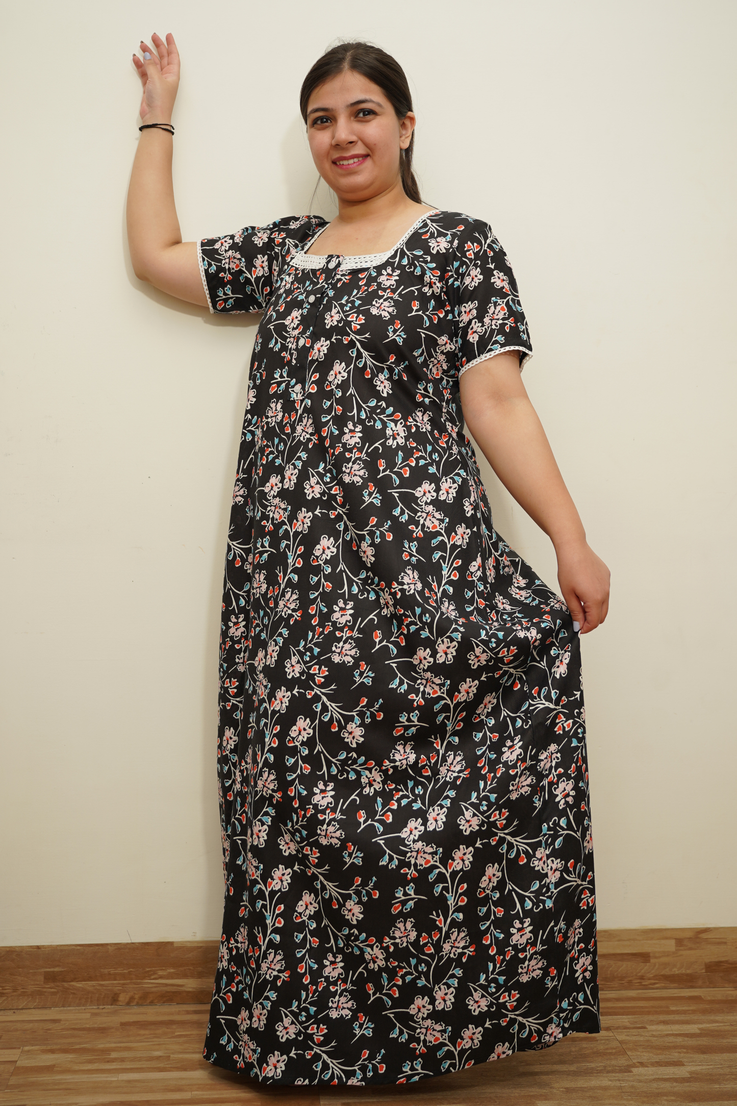 Black Floral Rayon Night Gown