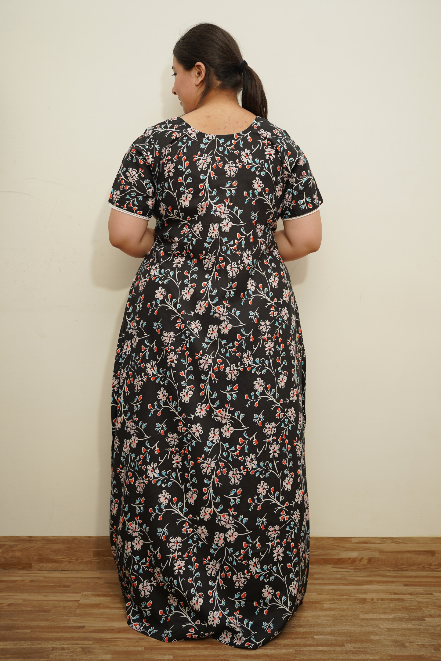 Black Floral Rayon Night Gown
