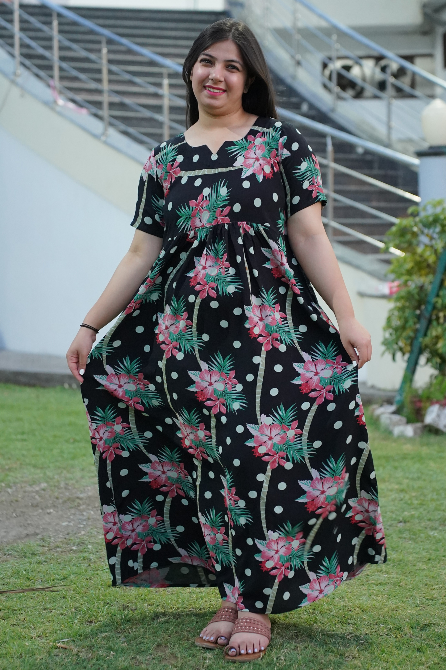 Black Polka Rayon Night Gown