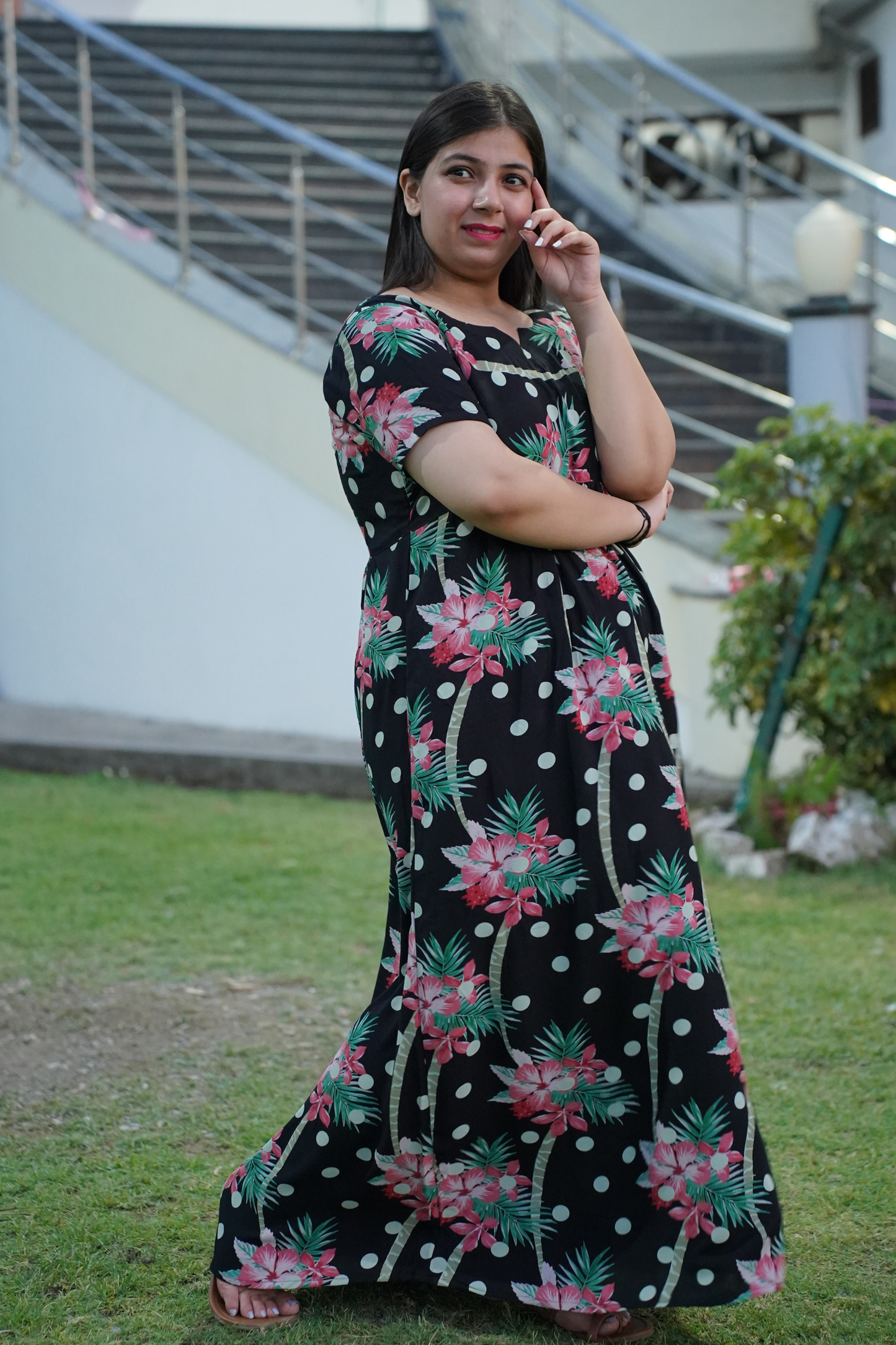 Black Polka Rayon Night Gown