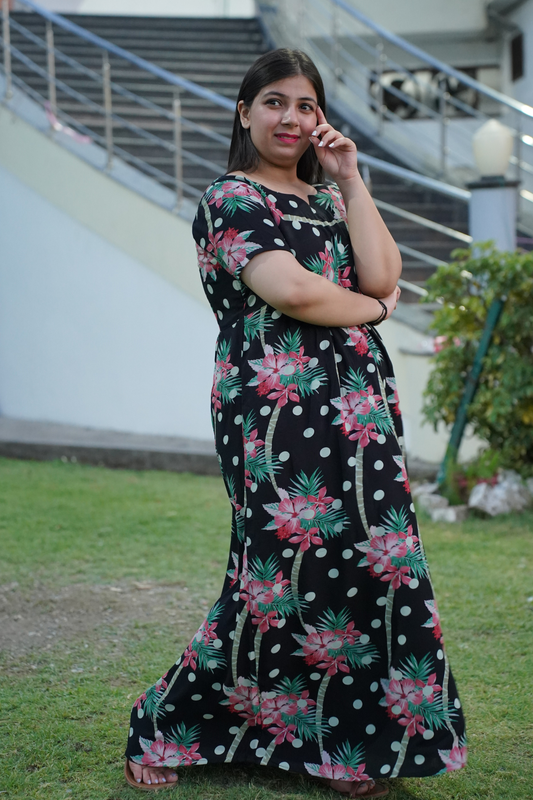Black Polka Rayon Night Gown