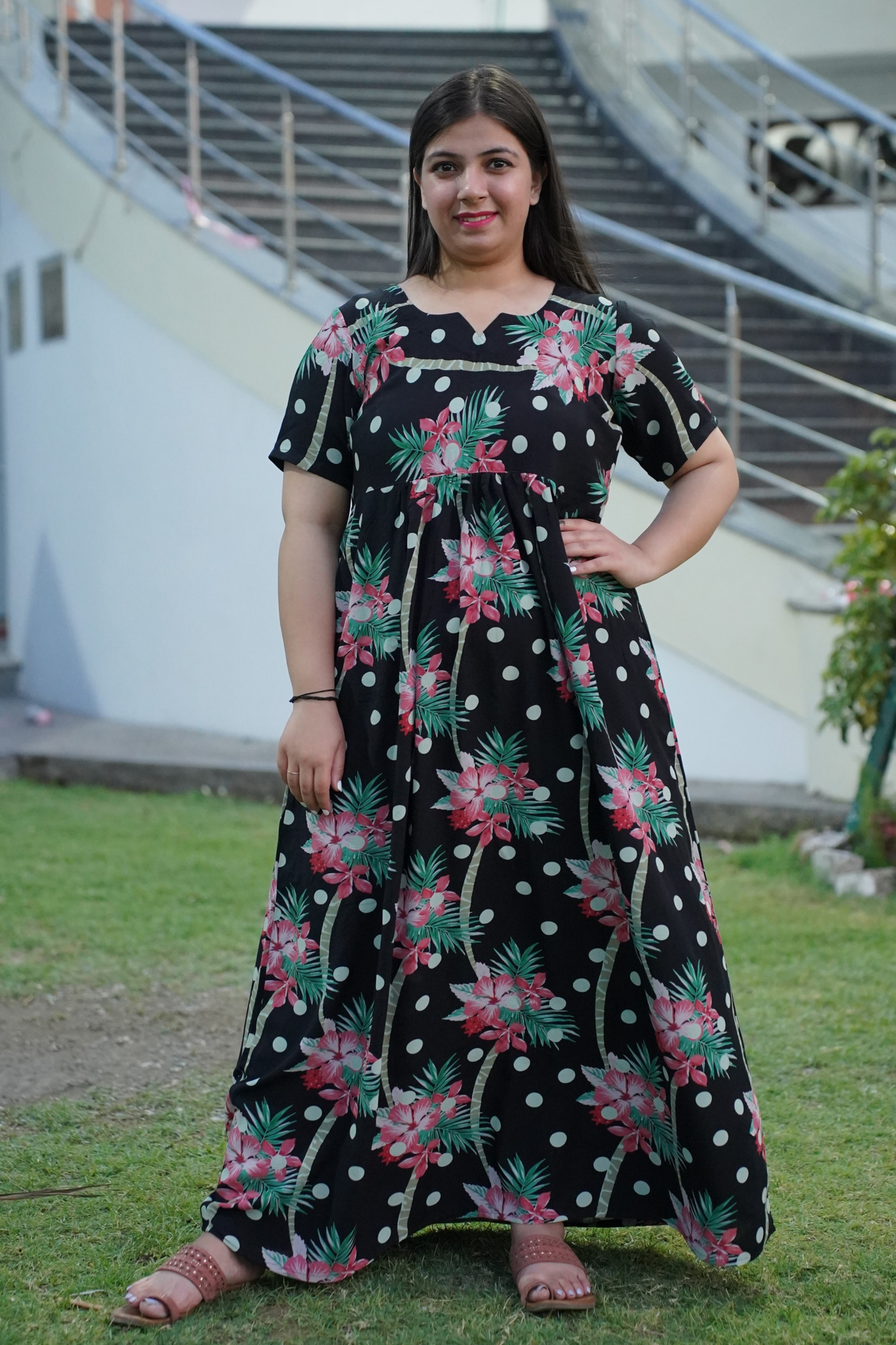 Black Polka Rayon Night Gown