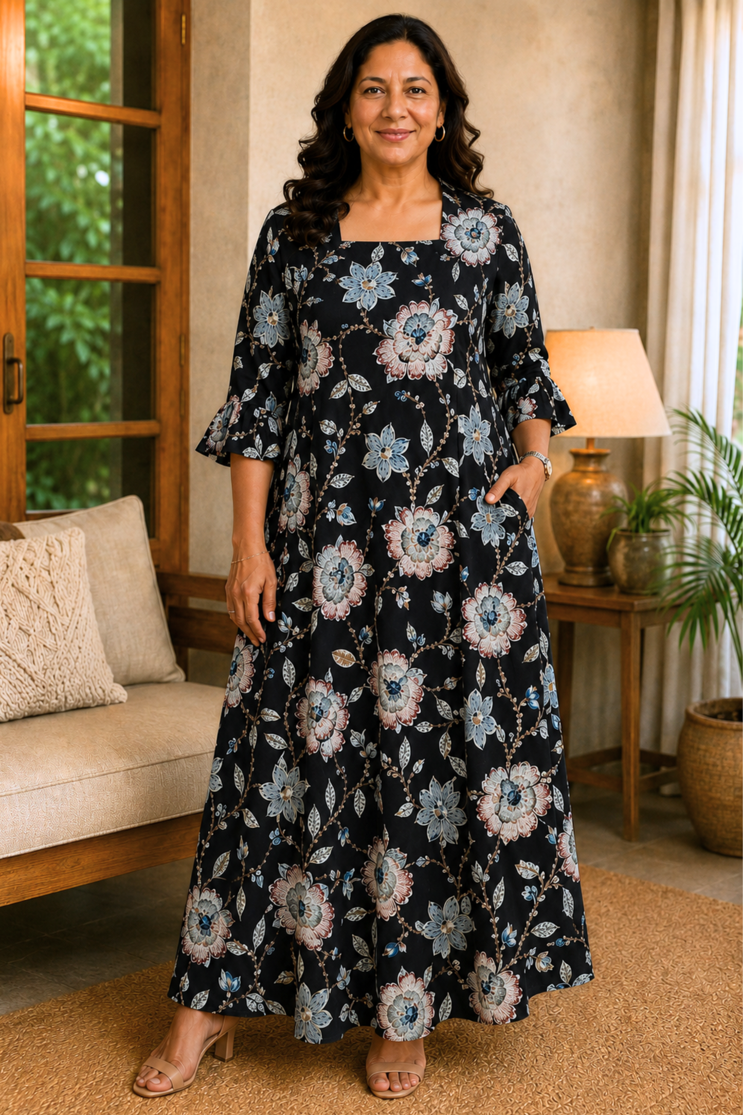 Noir Botanica Rayon Dress With Pockets