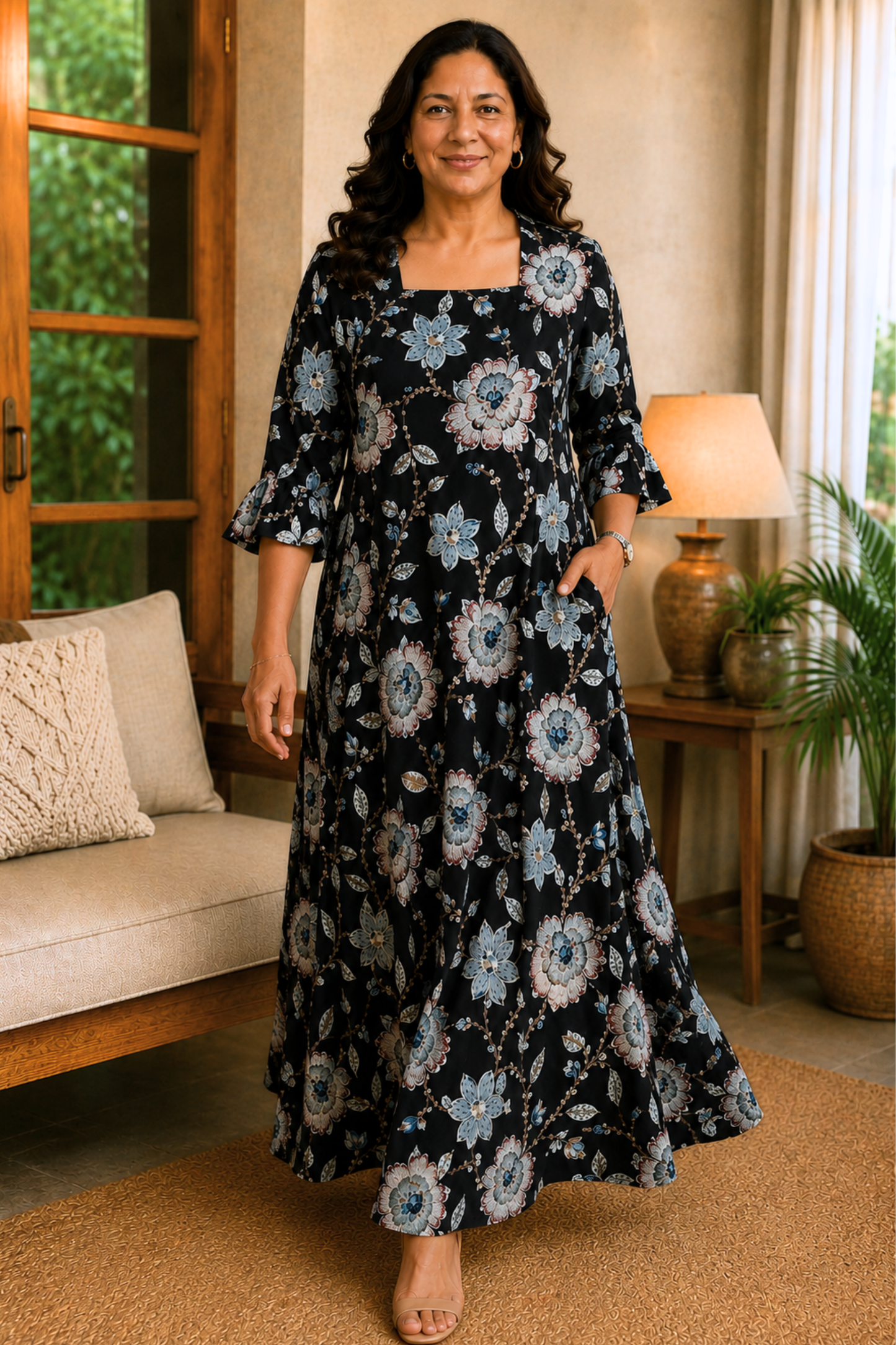 Noir Botanica Rayon Dress With Pockets