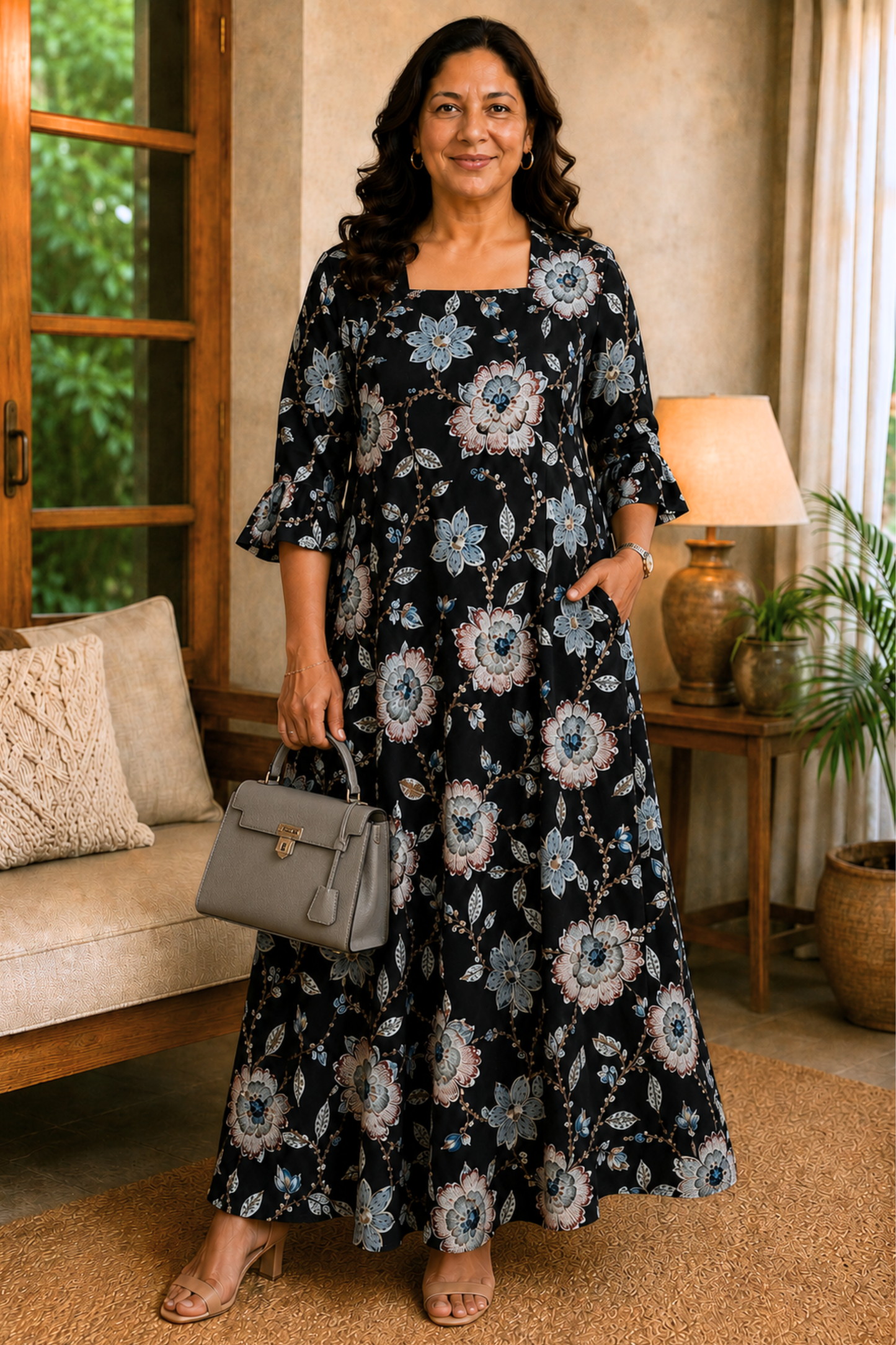 Noir Botanica Rayon Dress With Pockets