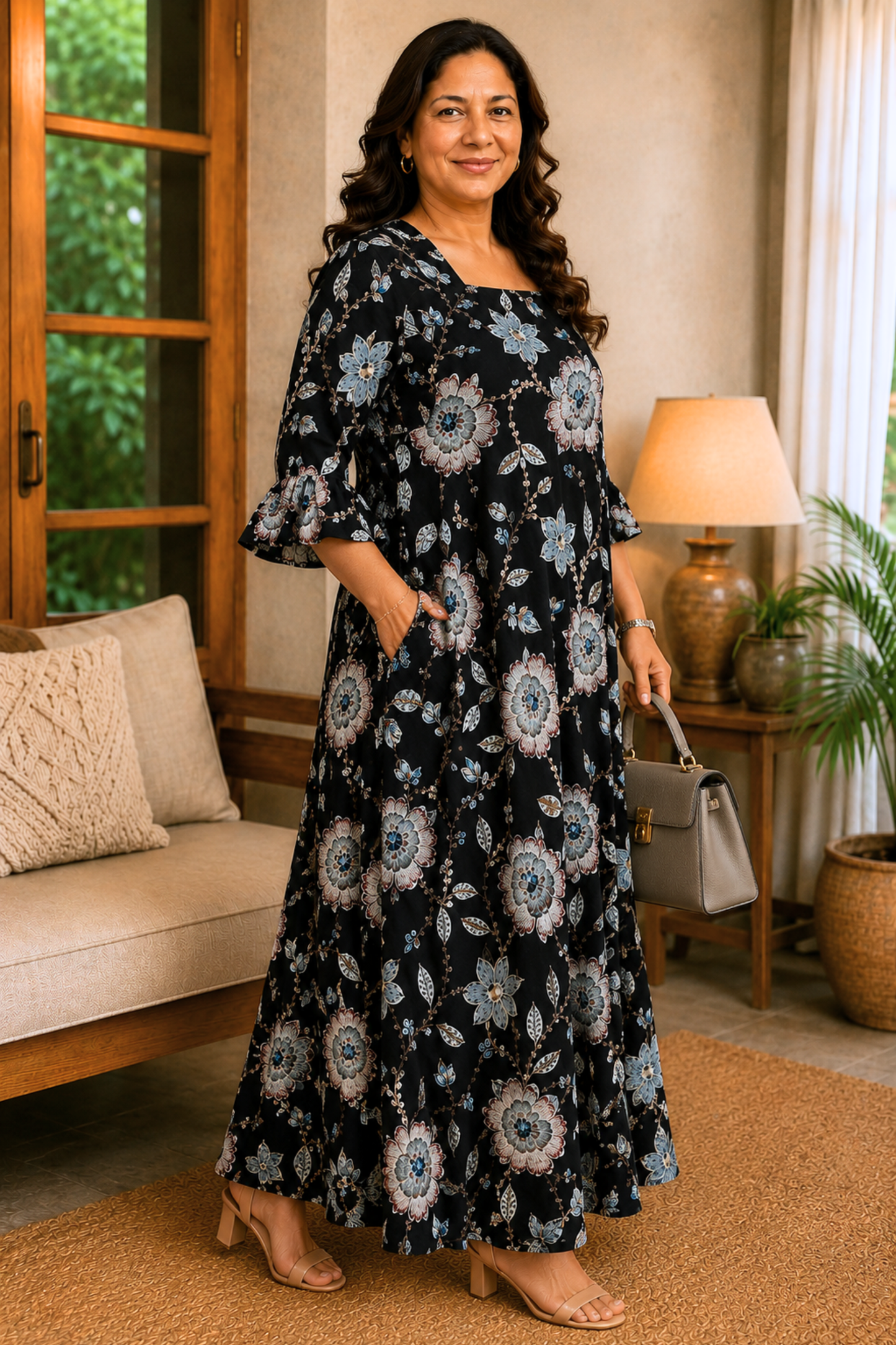 Noir Botanica Rayon Dress With Pockets