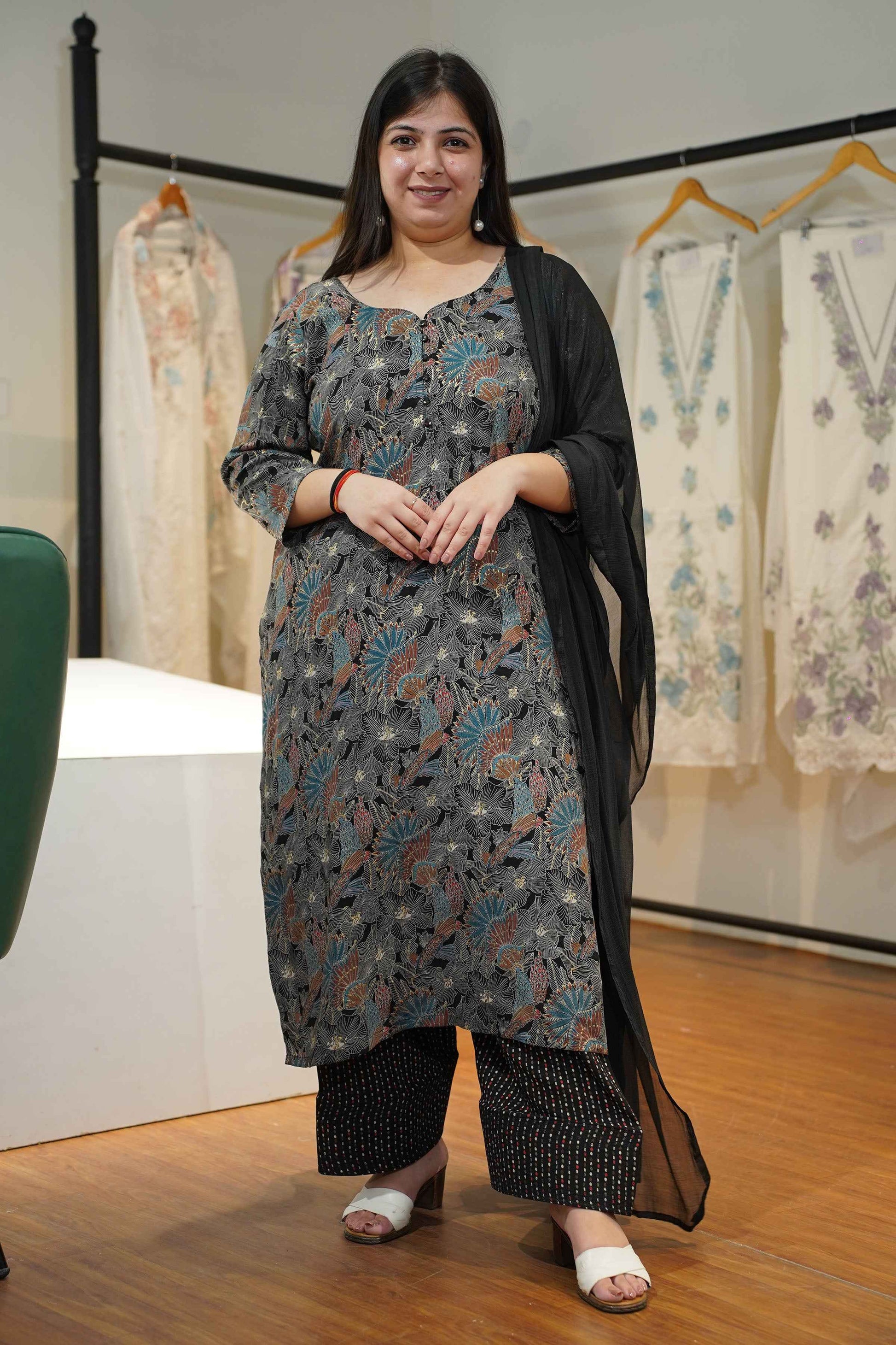 Navy Blue Foiled Rayon Farshi Suit