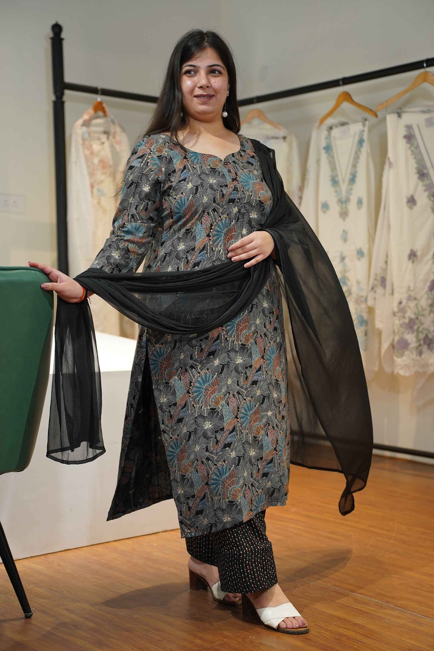 Navy Blue Foiled Rayon Farshi Suit