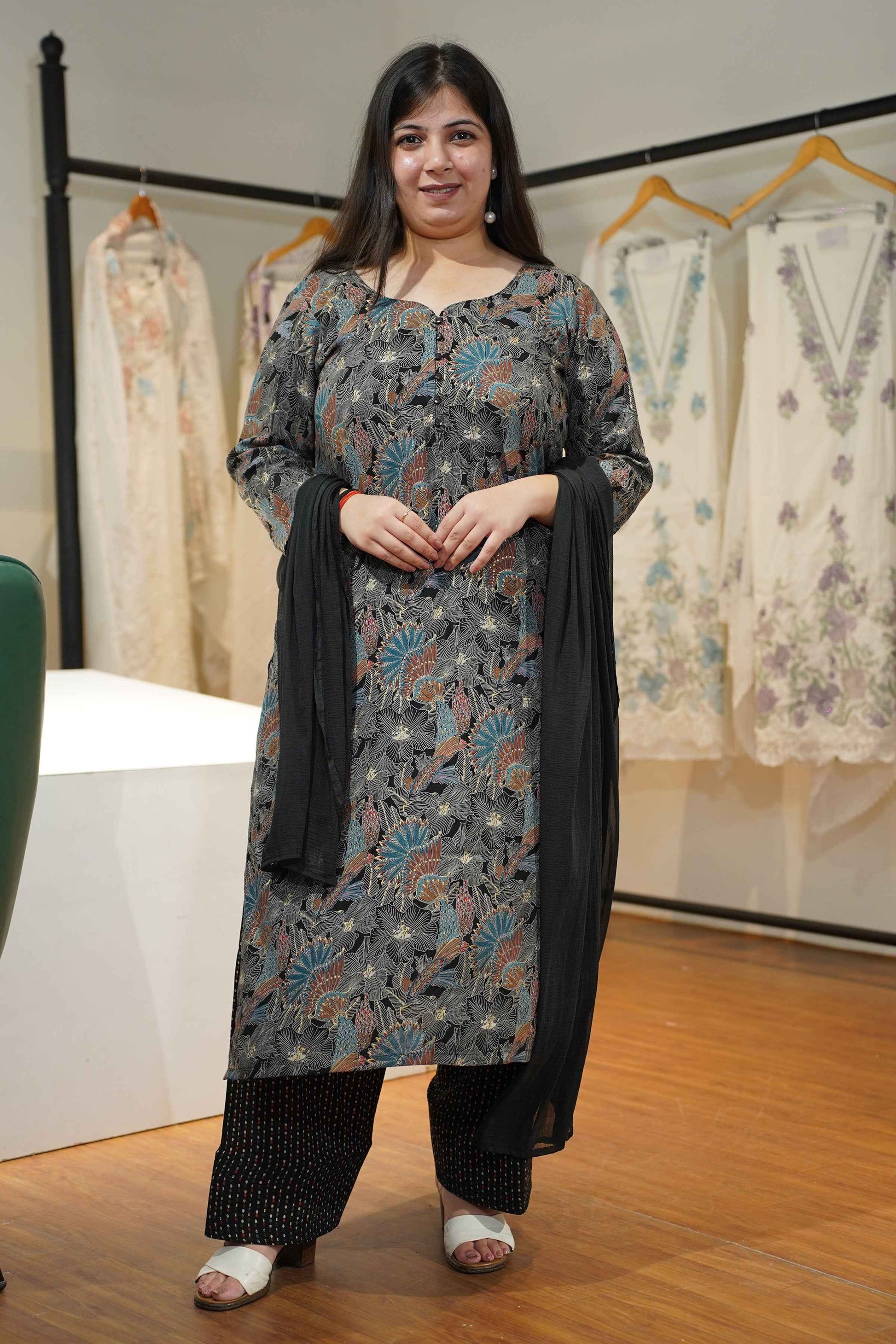 Navy Blue Foiled Rayon Farshi Suit