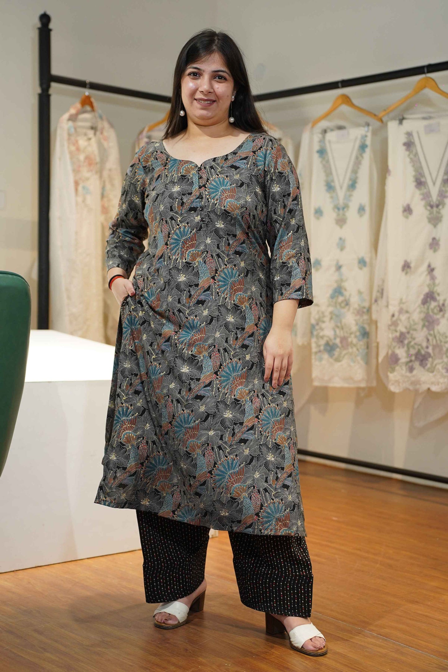 Navy Blue Foiled Rayon Farshi Suit