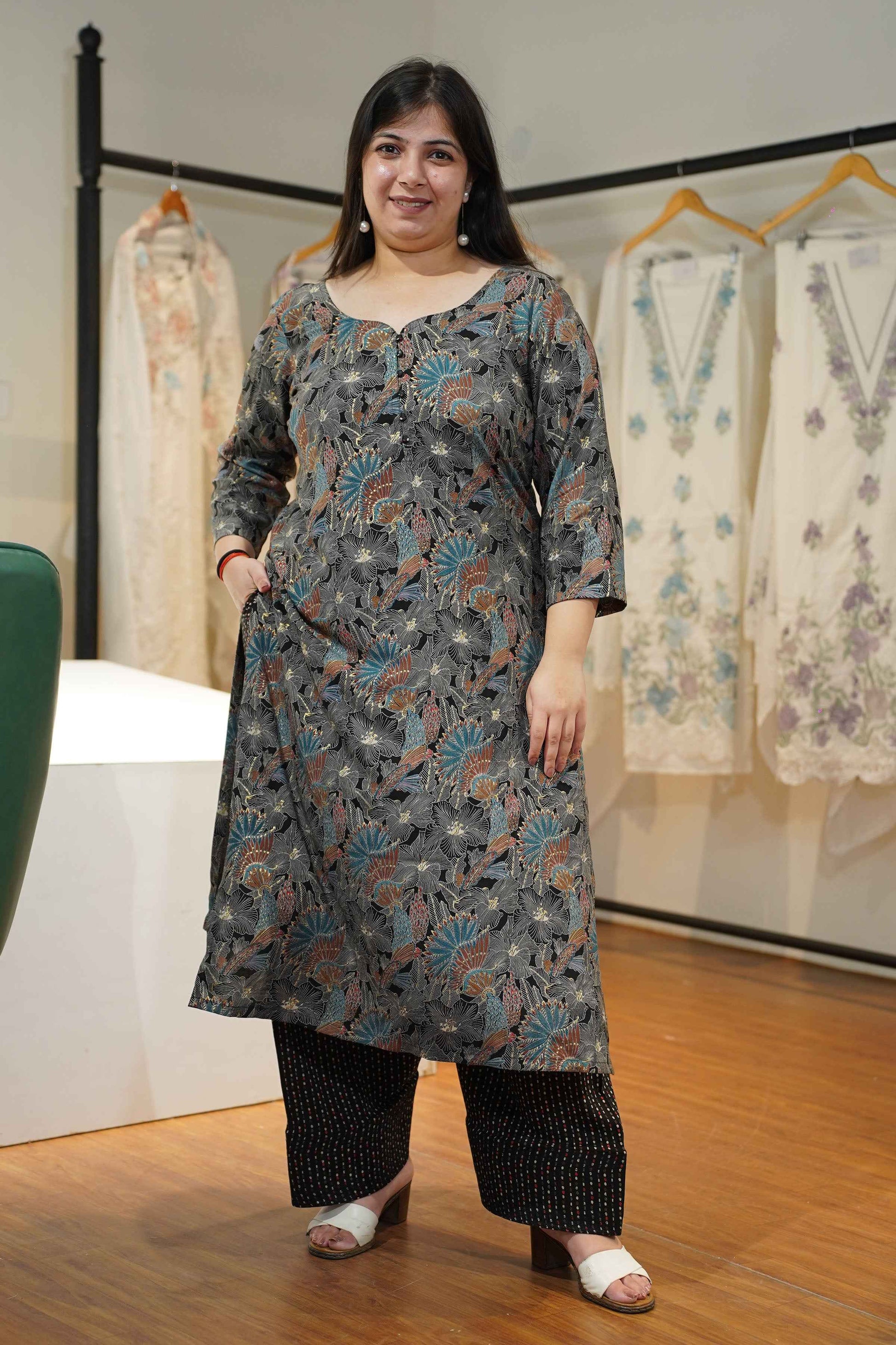 Navy Blue Foiled Rayon Farshi Suit