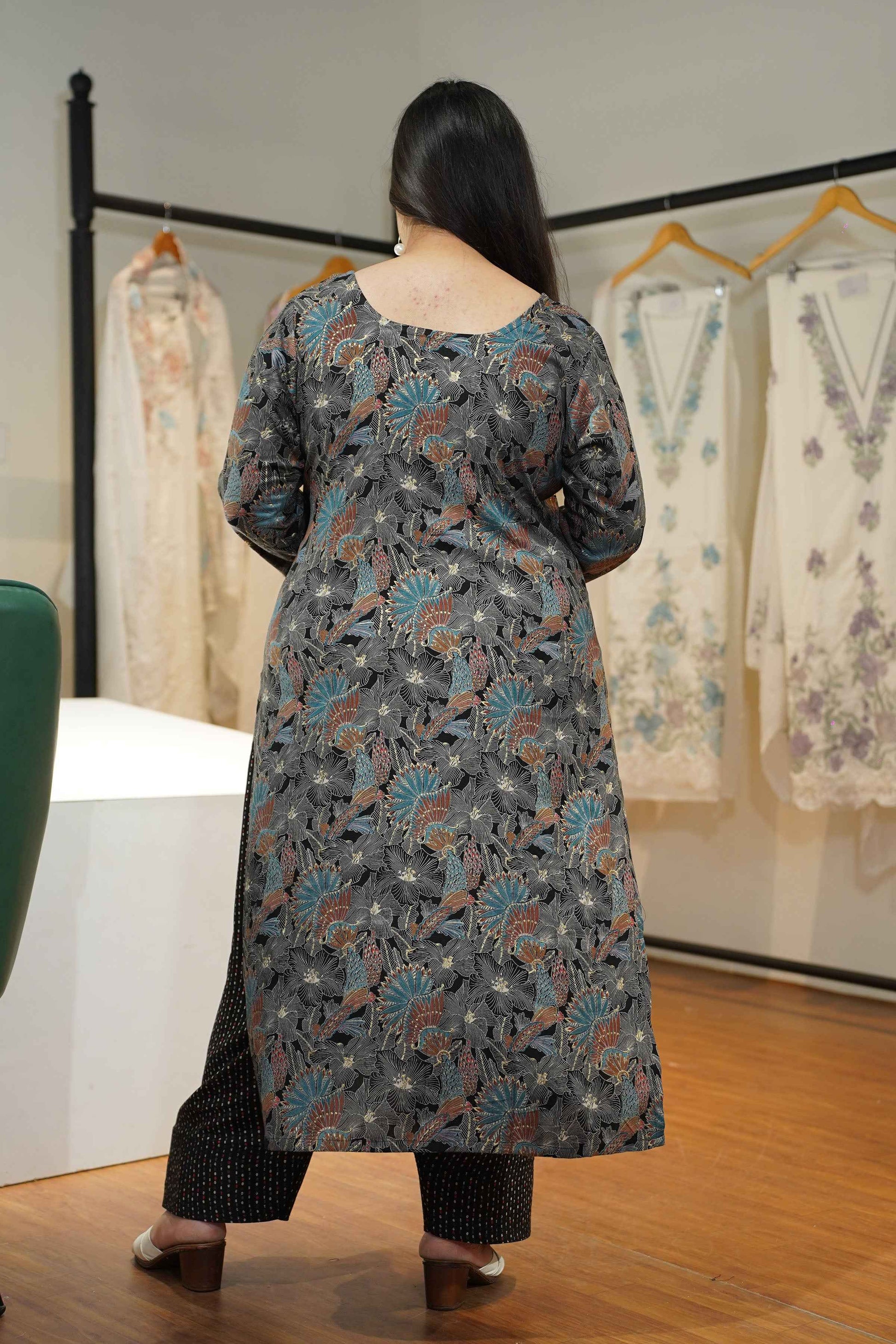 Navy Blue Foiled Rayon Farshi Suit