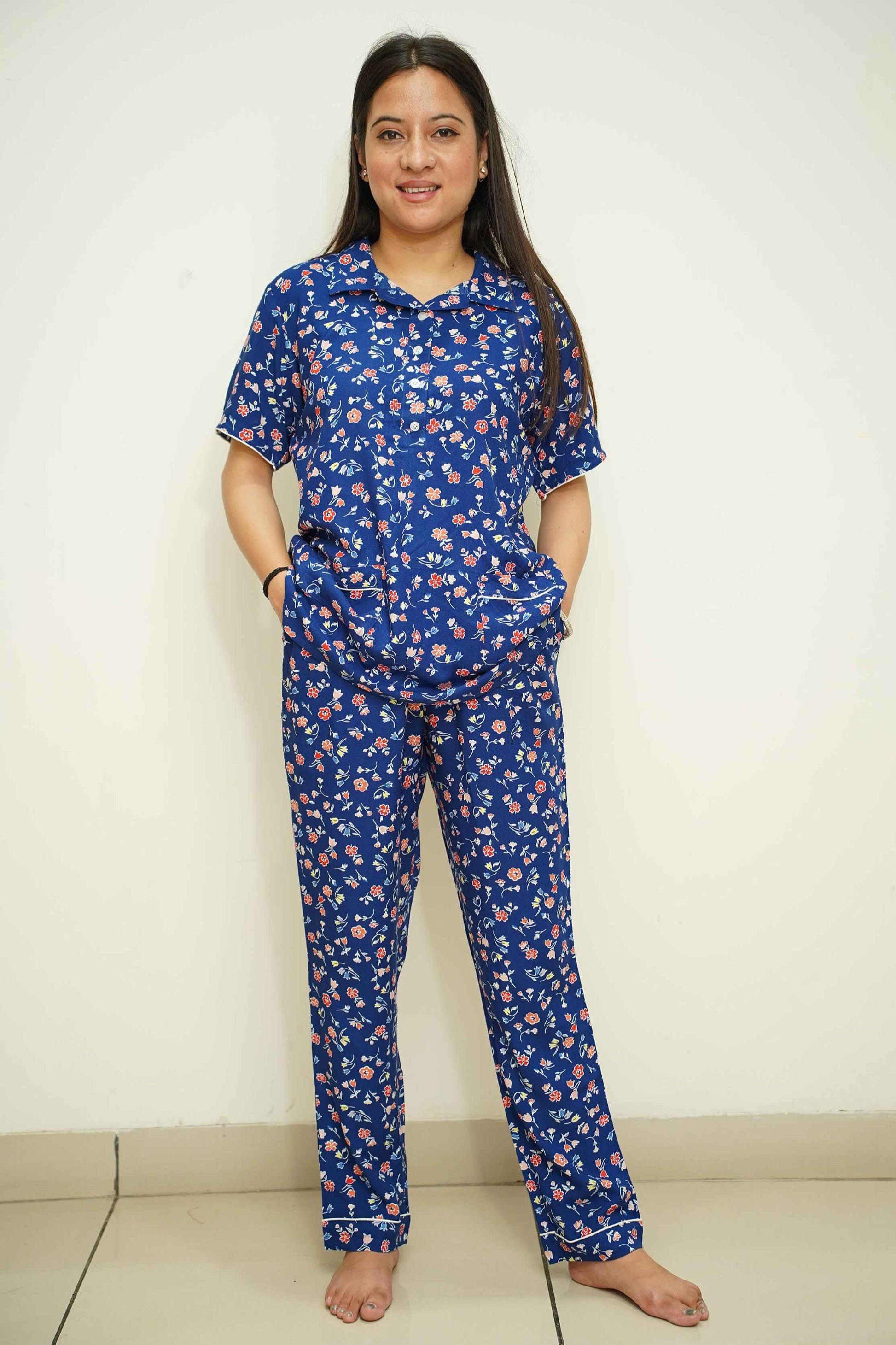Blue Floral Rayon Night Suit