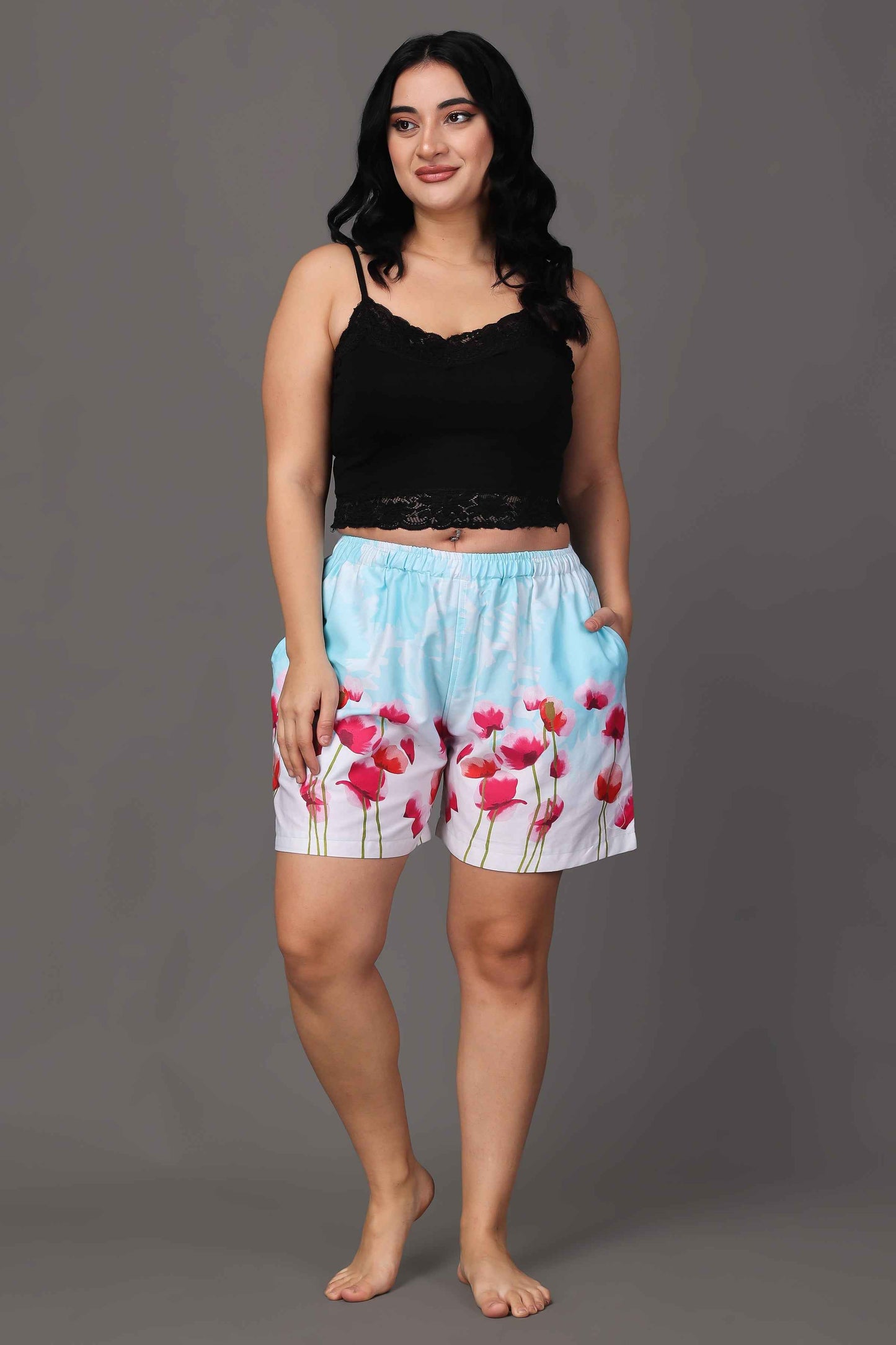 Buy Plus Size ​Blue Floral Cotton Shorts At Apella | Sizes XS to 10 XL | India | Free Delivery | Customized
