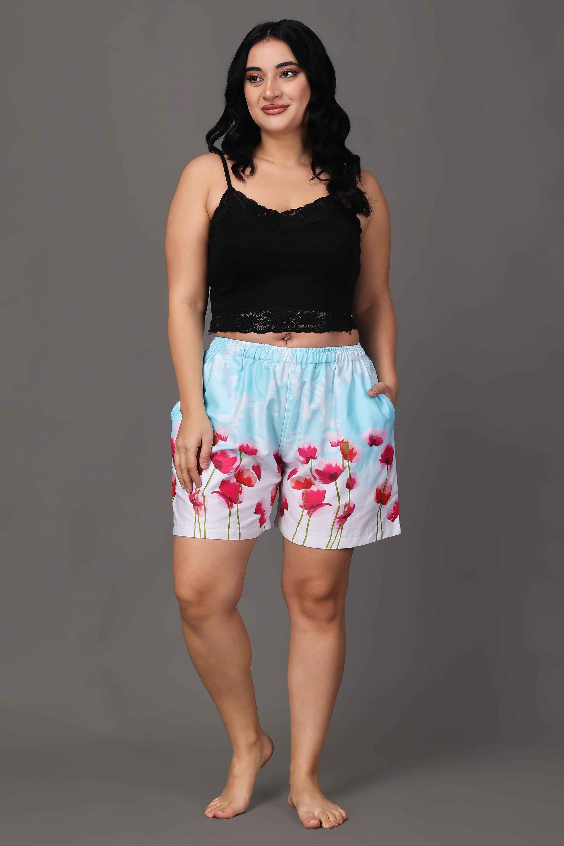Buy Plus Size ​Blue Floral Cotton Shorts At Apella | Sizes XS to 10 XL | India | Free Delivery | Customized