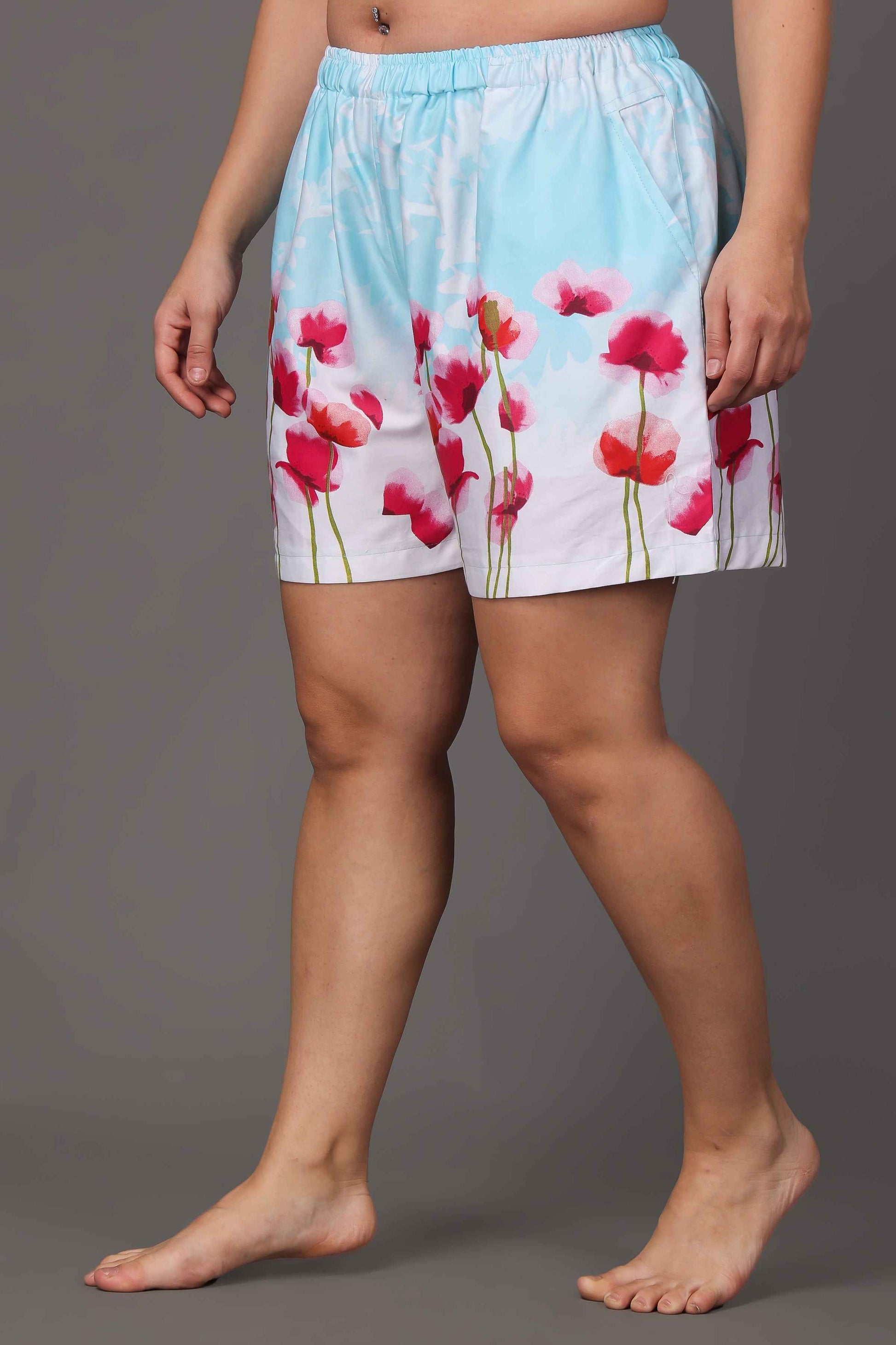 Buy Plus Size ​Blue Floral Cotton Shorts At Apella | Sizes XS to 10 XL | India | Free Delivery | Customized