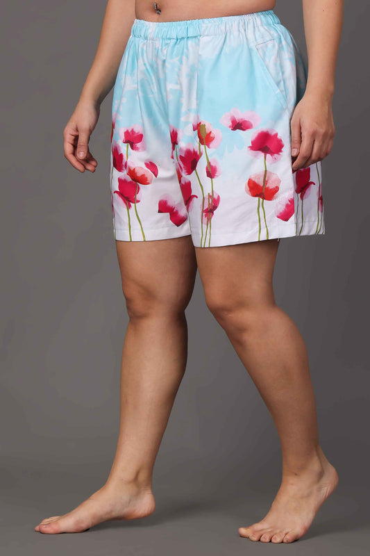 Buy Plus Size ​Blue Floral Cotton Shorts At Apella | Sizes XS to 10 XL | India | Free Delivery | Customized