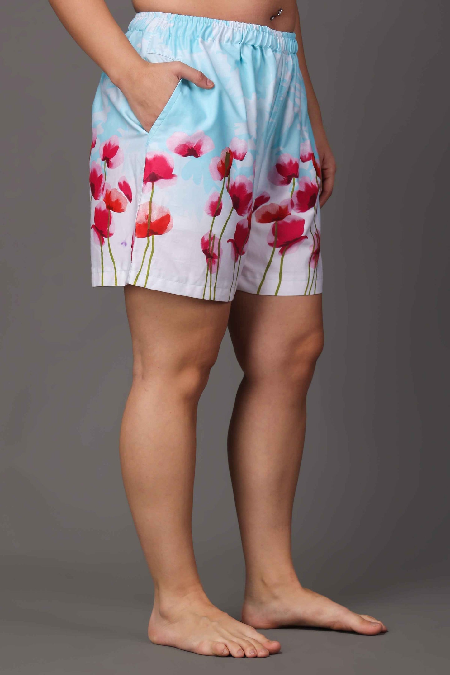 Buy Plus Size ​Blue Floral Cotton Shorts At Apella | Sizes XS to 10 XL | India | Free Delivery | Customized