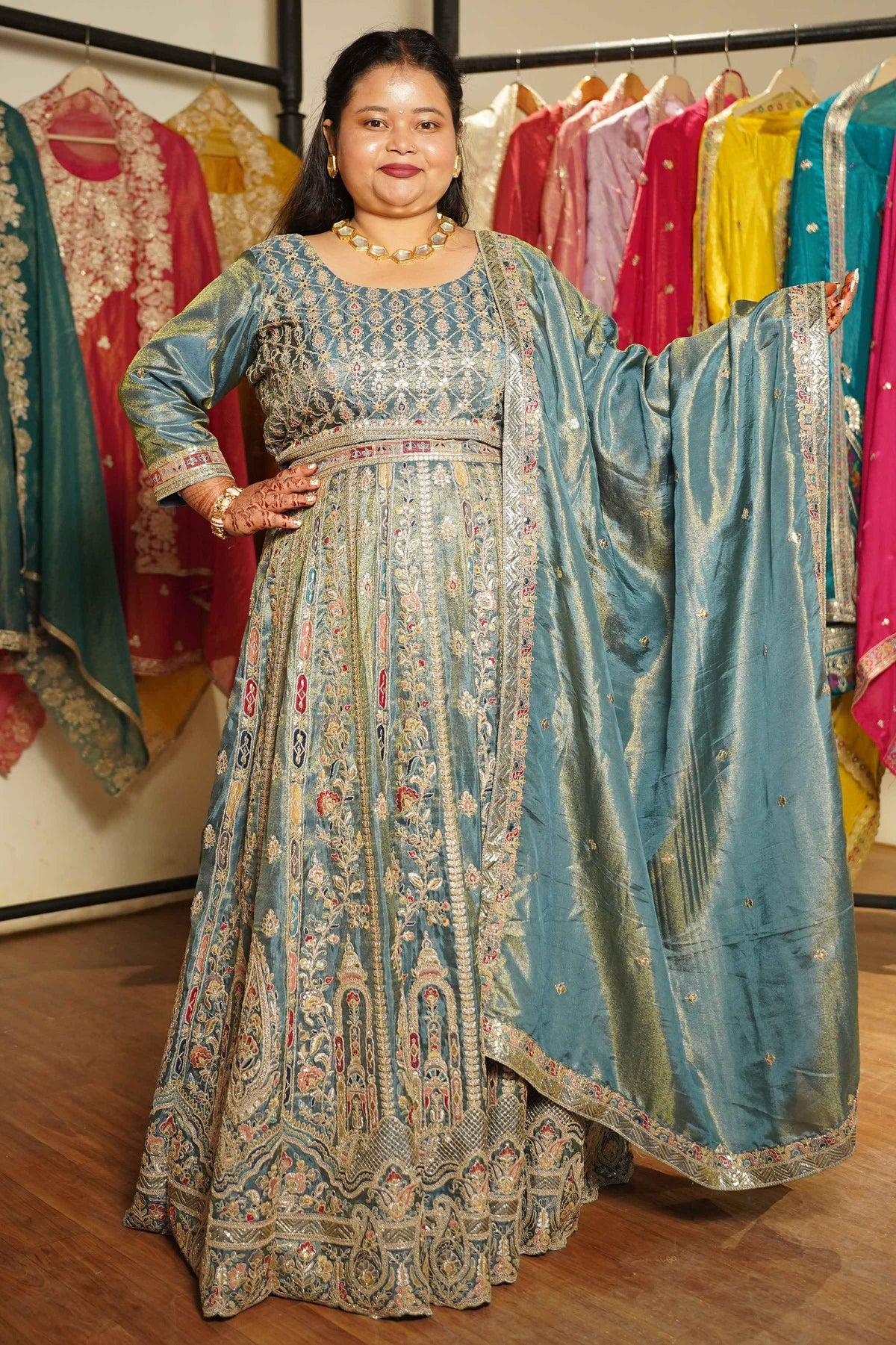 Zehnaya Blue Tissue Lehenga With Zari Embroidery