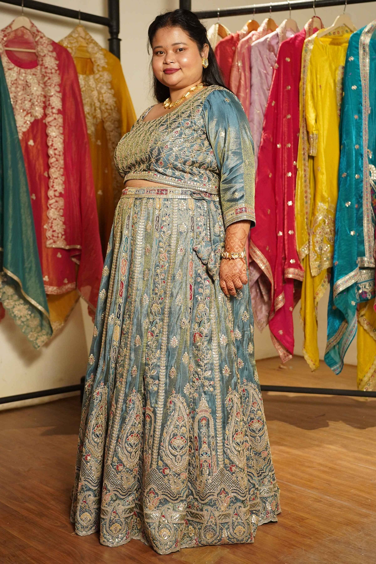 Zehnaya Blue Tissue Lehenga With Zari Embroidery