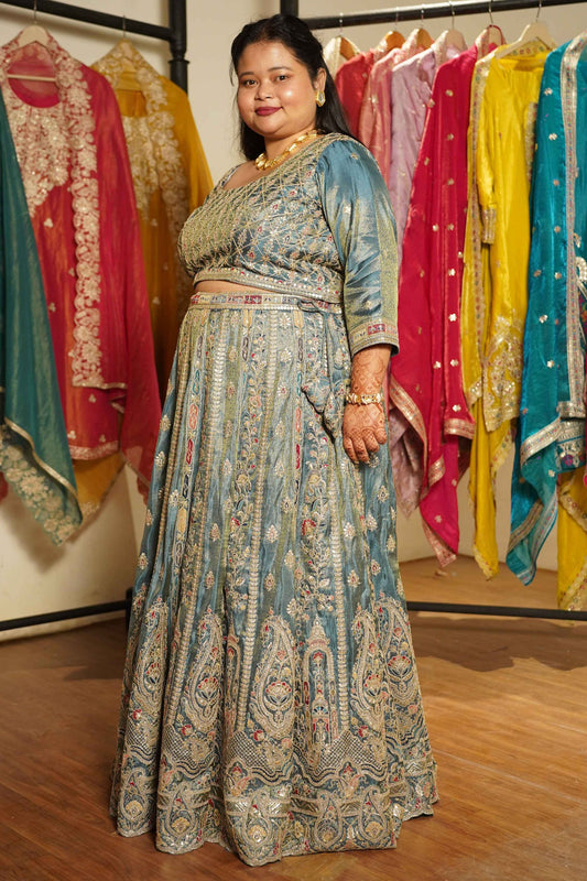 Zehnaya Blue Tissue Lehenga With Zari Embroidery
