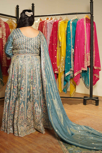 Zehnaya Blue Tissue Lehenga With Zari Embroidery