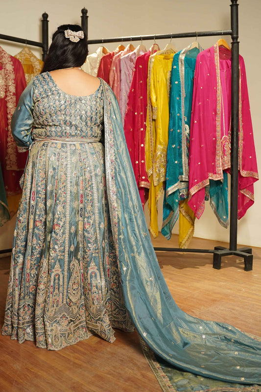 Zehnaya Blue Tissue Lehenga With Zari Embroidery