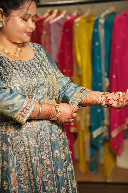 Zehnaya Blue Tissue Lehenga With Zari Embroidery