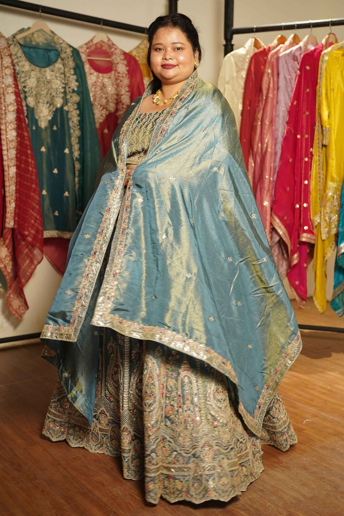 Zehnaya Blue Tissue Lehenga With Zari Embroidery