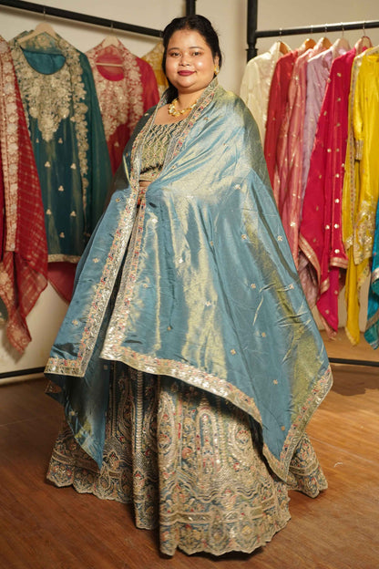 Zehnaya Blue Tissue Lehenga With Zari Embroidery