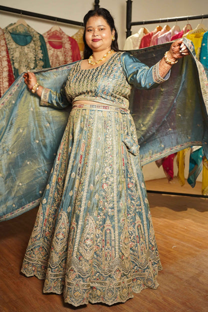 Zehnaya Blue Tissue Lehenga With Zari Embroidery