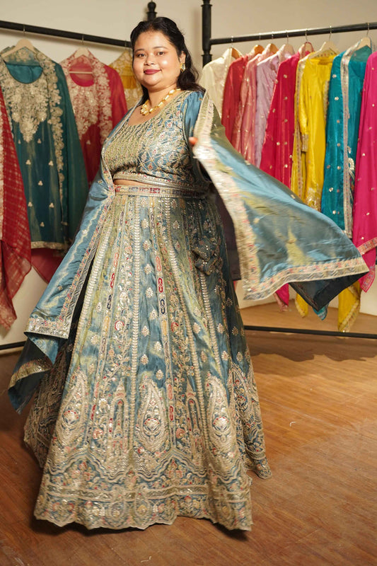 Zehnaya Blue Tissue Lehenga With Zari Embroidery