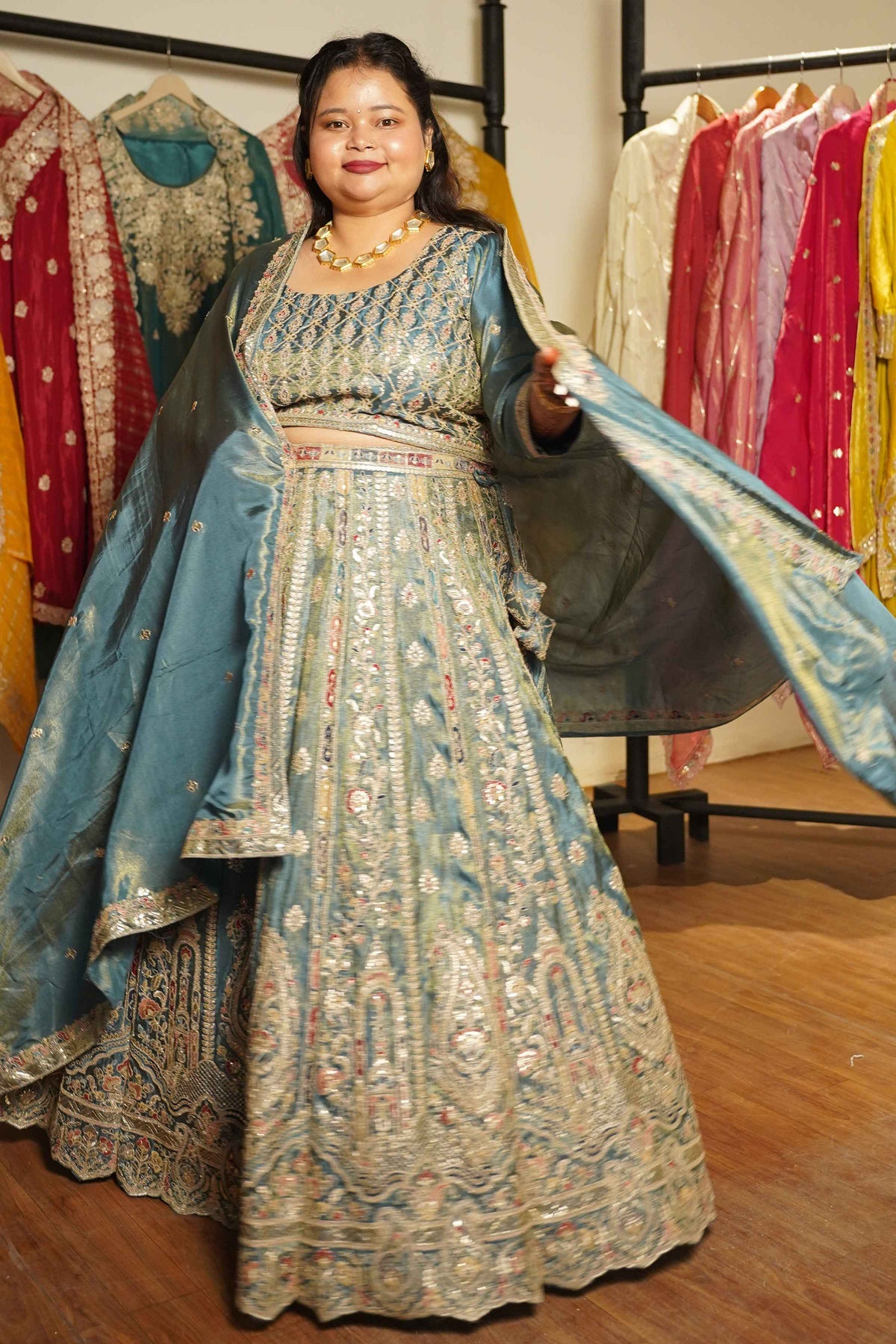 Zehnaya Blue Tissue Lehenga With Zari Embroidery