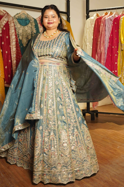 Zehnaya Blue Tissue Lehenga With Zari Embroidery