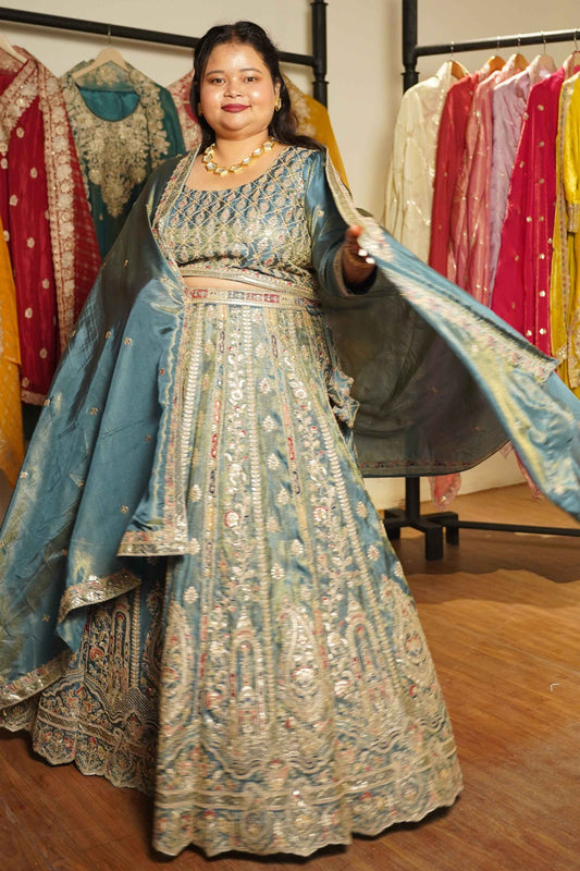 Zehnaya Blue Tissue Lehenga With Zari Embroidery