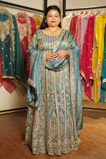 Zehnaya Blue Tissue Lehenga With Zari Embroidery