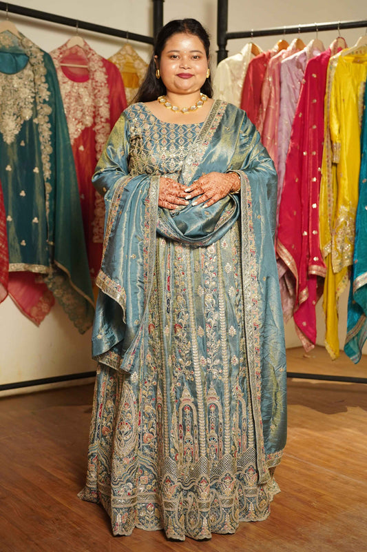 Zehnaya Blue Tissue Lehenga With Zari Embroidery