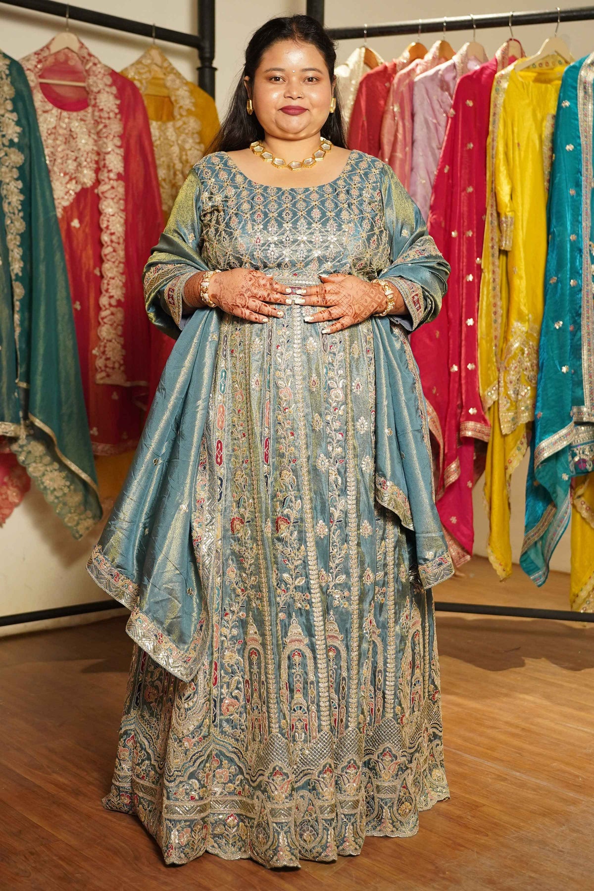 Zehnaya Blue Tissue Lehenga With Zari Embroidery