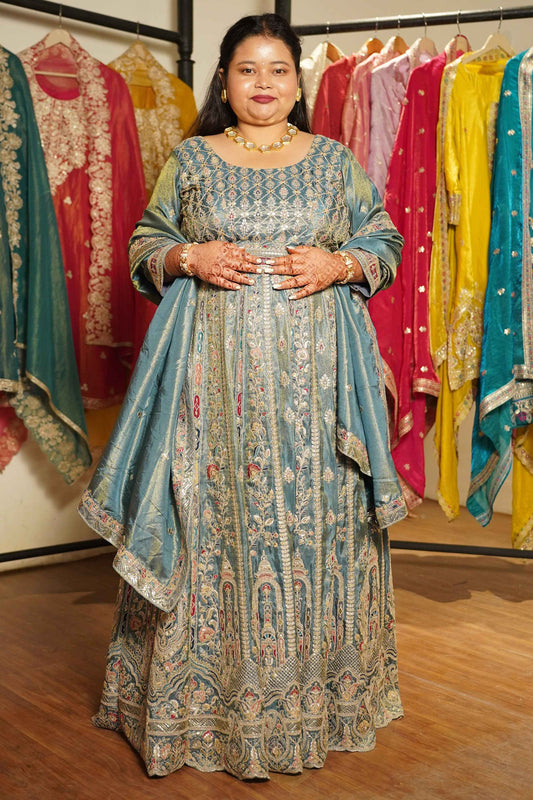 Zehnaya Blue Tissue Lehenga With Zari Embroidery